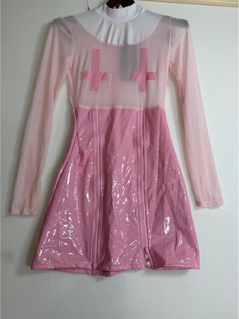 TRICKZ N' TREATZ Pink‎ Nun Dress Mesh Vinyl Cross Applique Zipper Detail XS